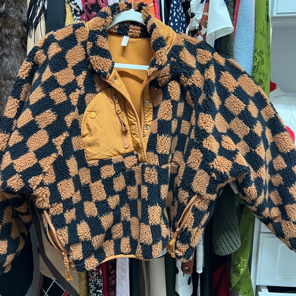 Fluffy Free People Movement checkered Sherpa Pullover Jacket Size SMALL - Picture 1 of 5